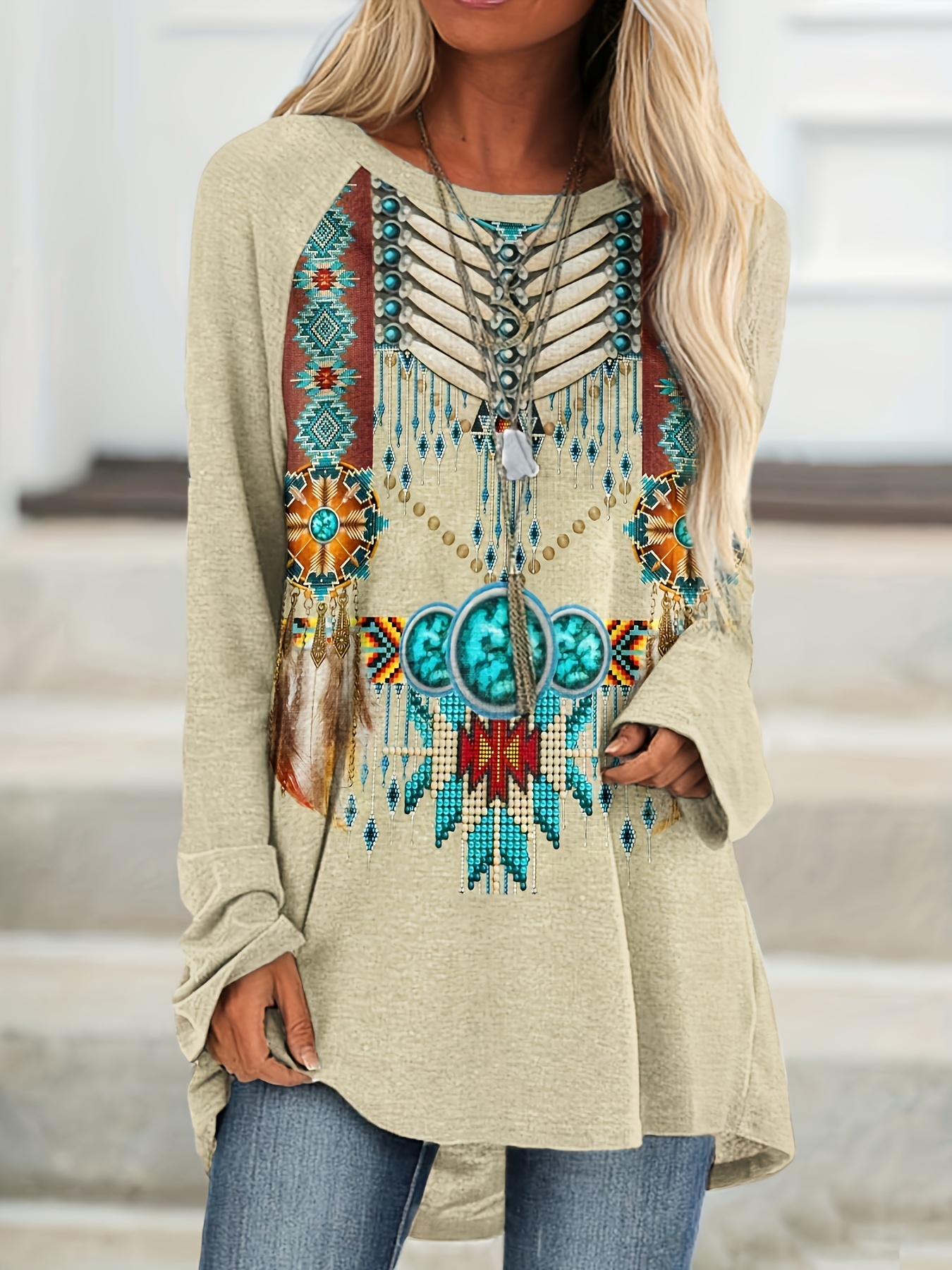 Vintage Fashion Prints - Vintage Print Long Sleeve V-Neck Button-Front